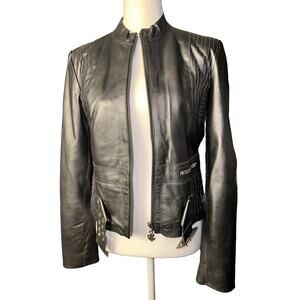 Rocawear Motorcycle Jacket Womens M Metal Gray‎ Leather Zip Up Buckles Rare HTF